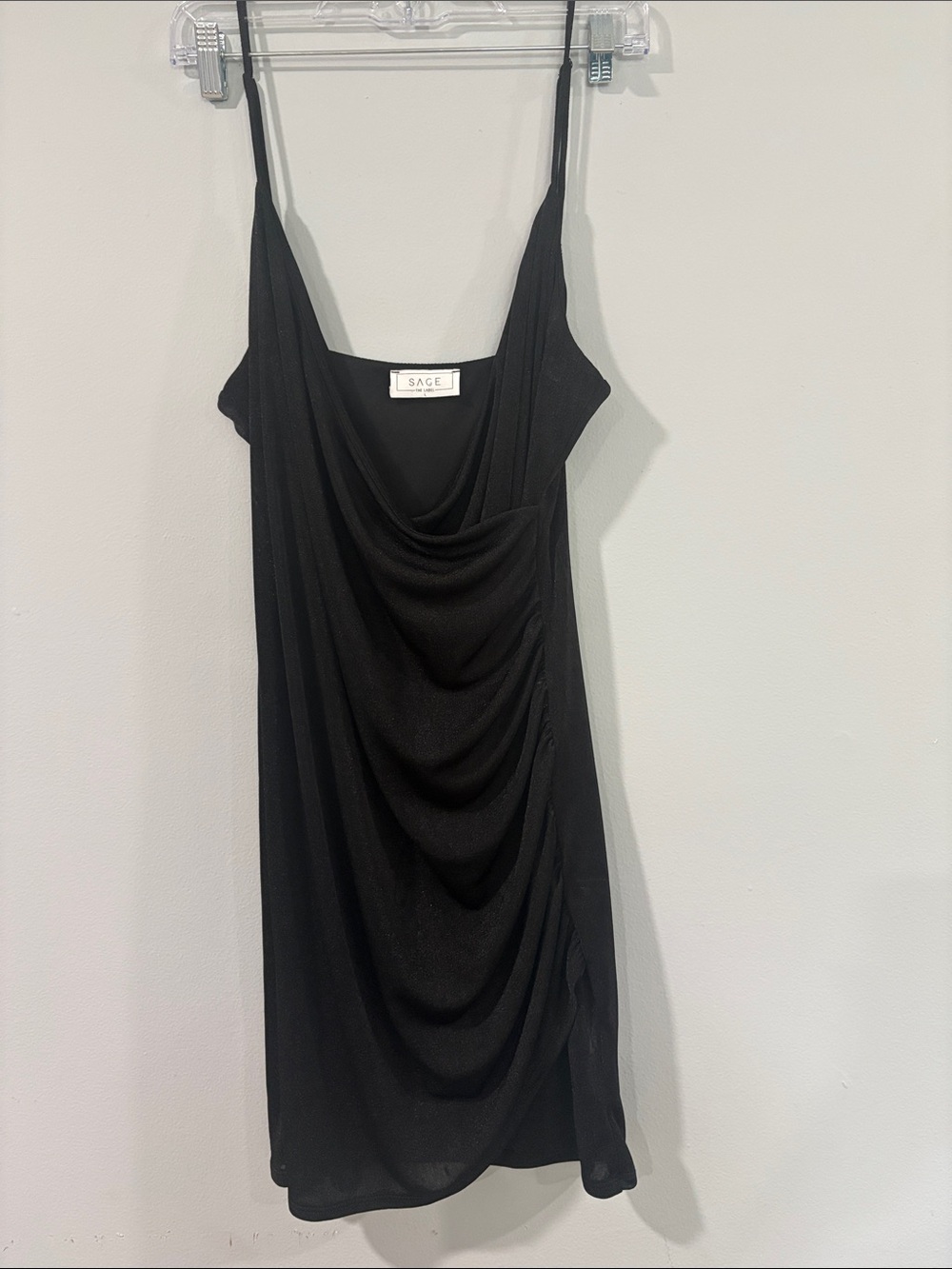 SAGE THE LABEL Black Draped Mini Slip SPAGHETTI STRAP DRESS SIZE L